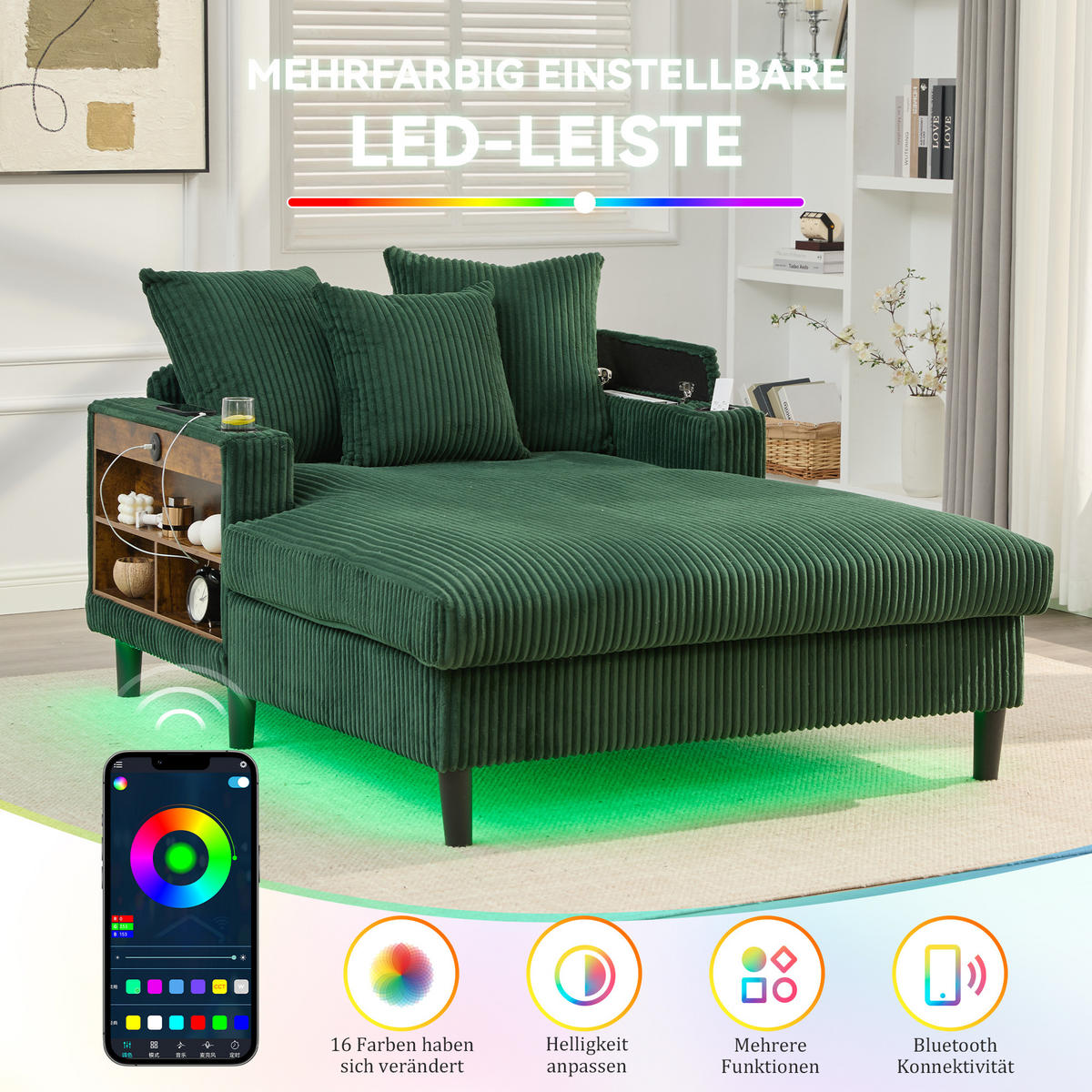 CHAISELONGUE Cord Smaragdgrün mit LED, Stauraum, USB und Becherhaltern - Smaragdgrün, Kunststoff/Textil (129/70/170cm) - WISHDOR