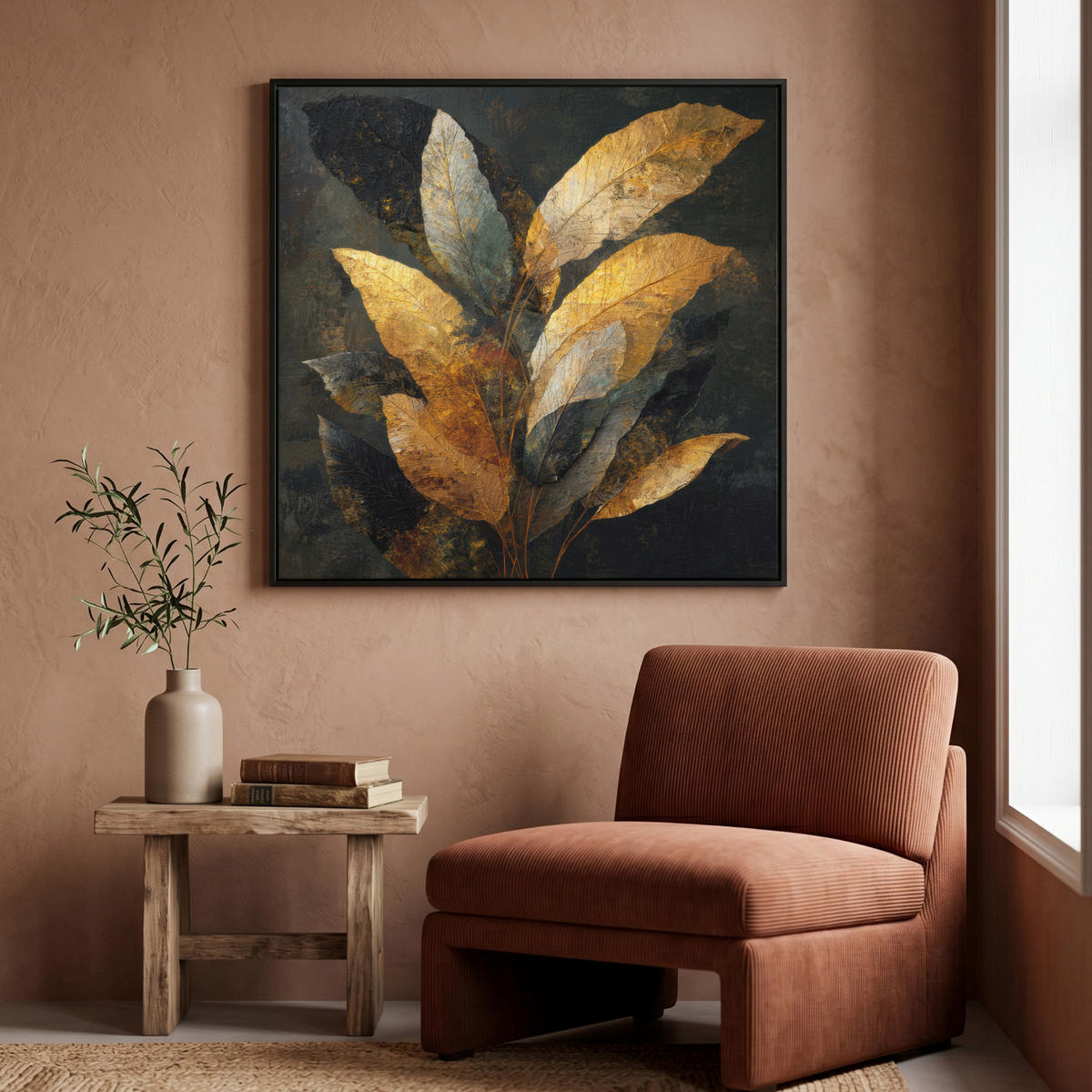LEINWAND Bilder mit Rahmen - Golden Leaf Komposition - Botanical Luxury - 90x90 - Goldfarben, Textil (90/90cm) - MuchoWow