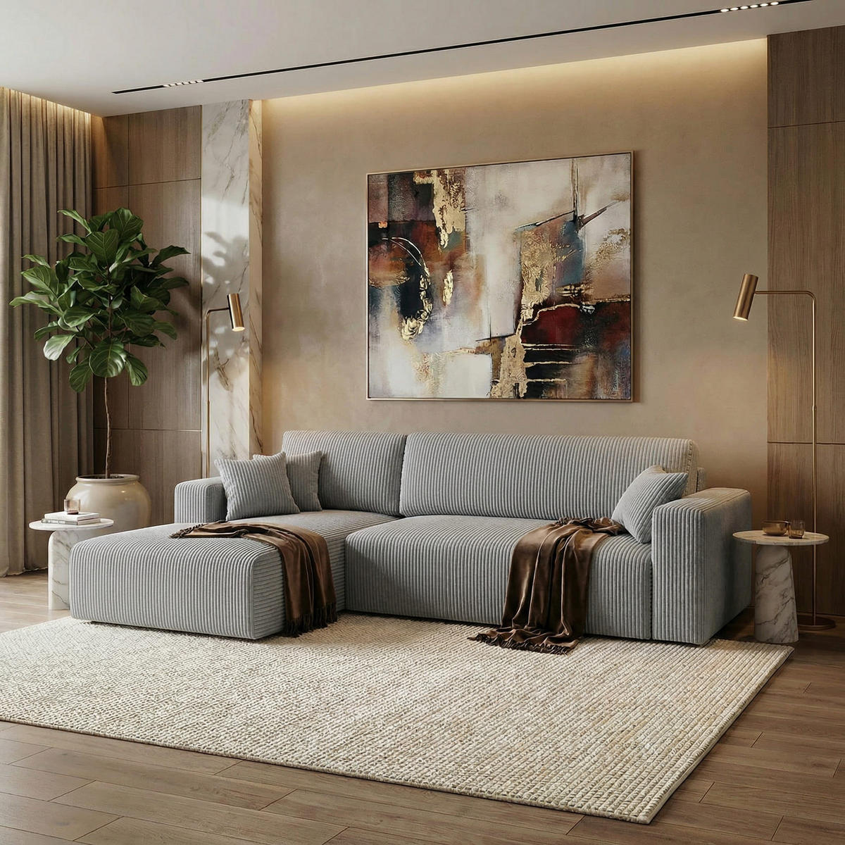 ECKSOFA PULA CORD HELLGRAU L - Links - Hellgrau/Schwarz, Kunststoff/Textil (187/279cm) - Luxkor24