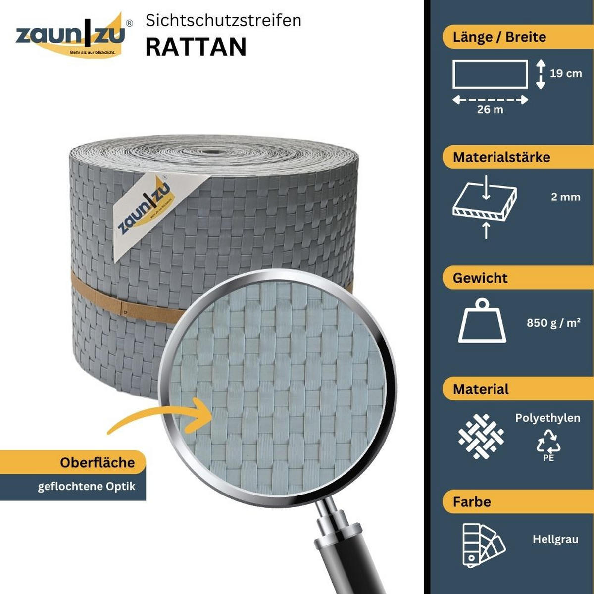 SICHTSCHUTZSTREIFEN Rattan PE für Doppelstabmatten Hellgrau 26m - Hellgrau, Kunststoff (2600/19cm) - ZAUN|ZU