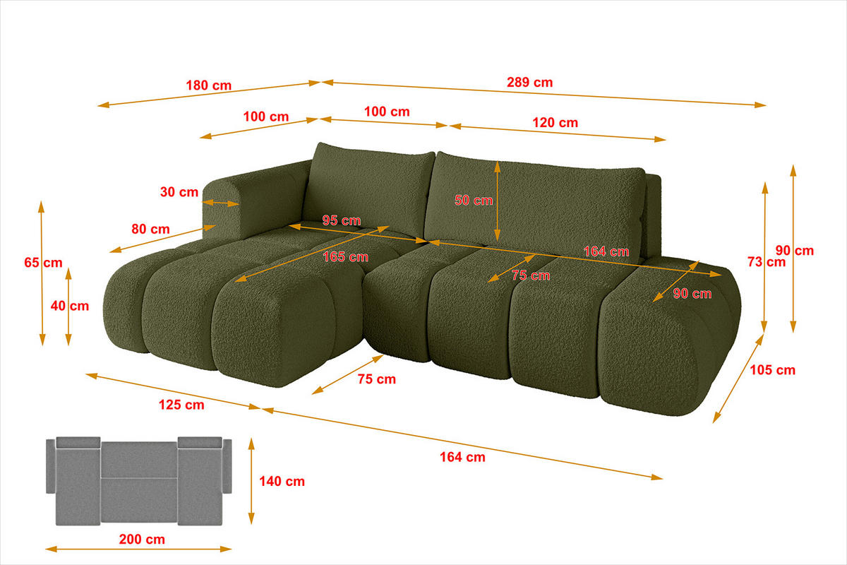 ECKSOFA Ottomane Links CLOUD-L 289x180x40 Grün Bouclé - Grün, Holzwerkstoff/Kunststoff (180/289cm) - ALTDECOR