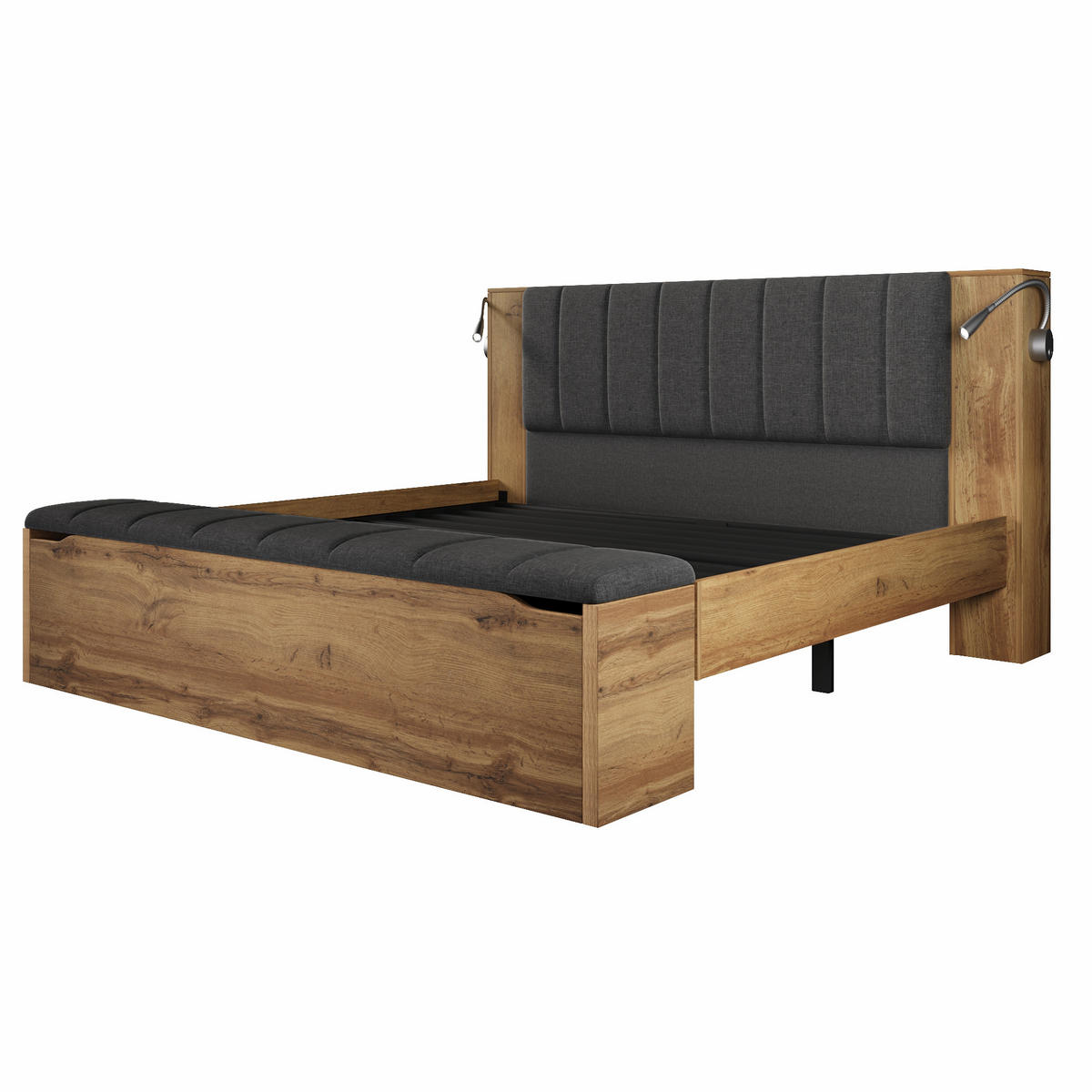 POLSTERBETT 160x200 cm in Eiche mit USB & Matratze - Eichefarben, Holzwerkstoff (160/200cm) - Modfu