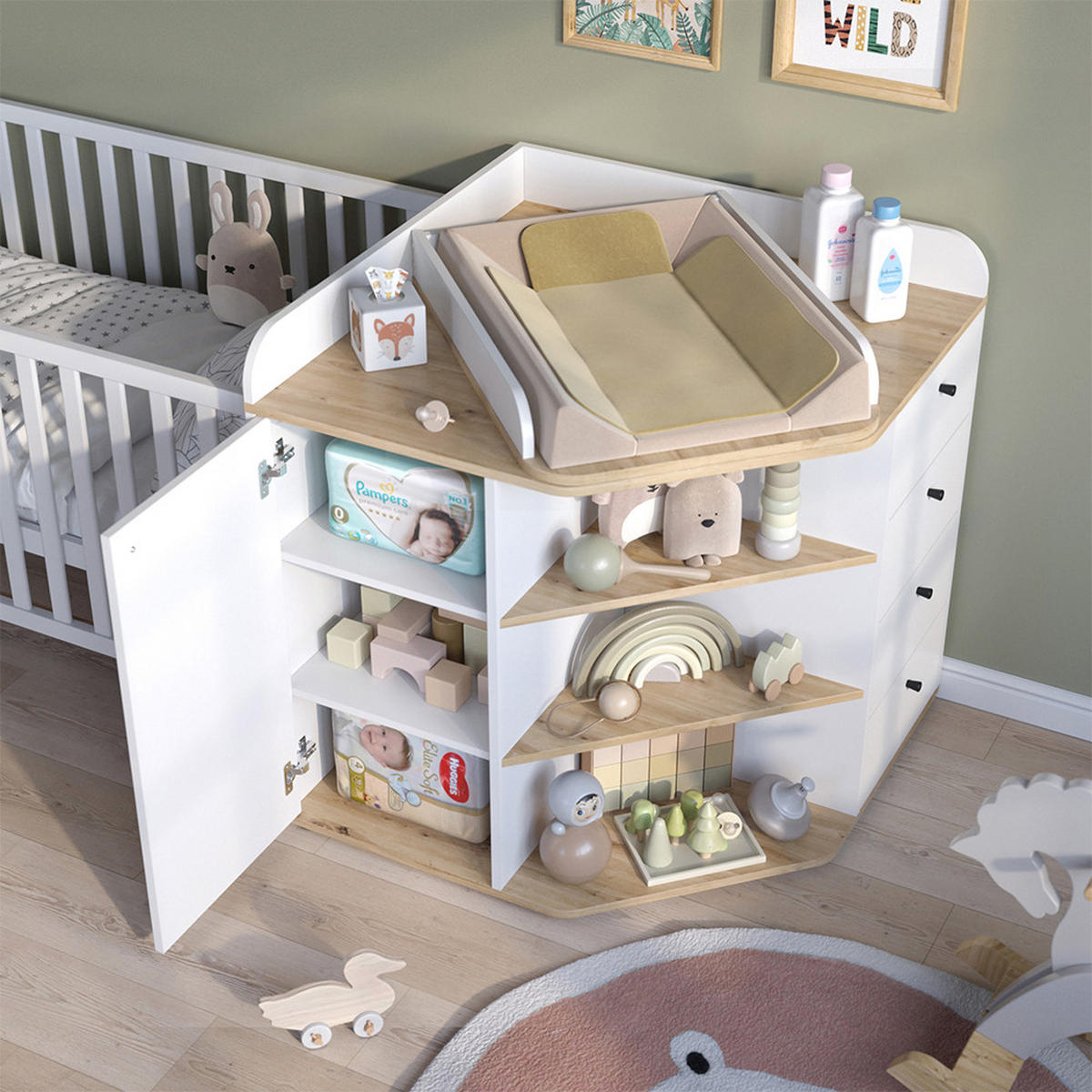 WICKELKOMMODE Aria Weiß 85 x 90 cm mit Regalen und 4 Schubladen - Weiß, Holzwerkstoff (85/90/85cm) - Vicco