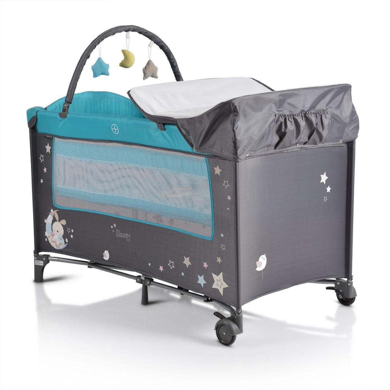 REISEBETT Sleepy Rollen grau türkis Wickelauflage, Matratze, Spielbogen, Seiteneingang - Grau, Kunststoff (60/120cm) - Moni