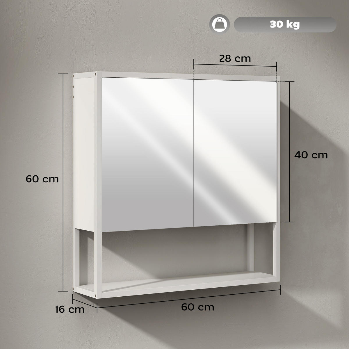 SPIEGELSCHRANK Wandhängender Spiegelschrank mit Spiegel, 60 x 16 x 60 cm ,Weiß - Weiß, Glas (60/60/16cm) - Vallsero