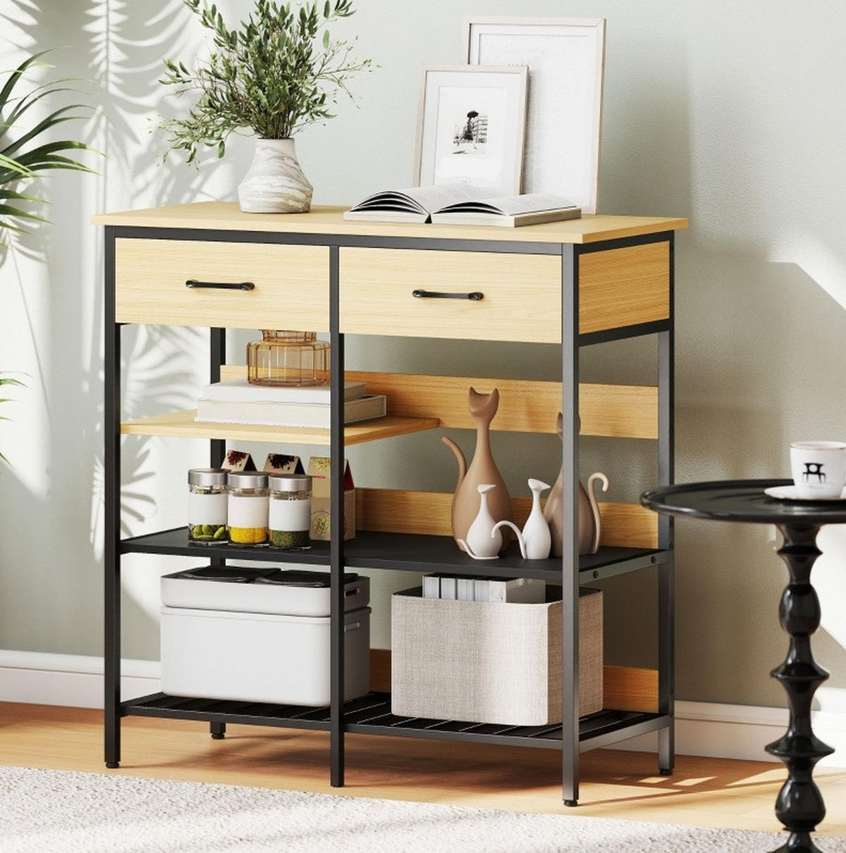 SIDEBOARD 90/40/91 cm in Naturfarben mit 2 Schubladen und 3 offenen Fächern - Naturfarben, Holz (90/91/40cm) - Flora Grace