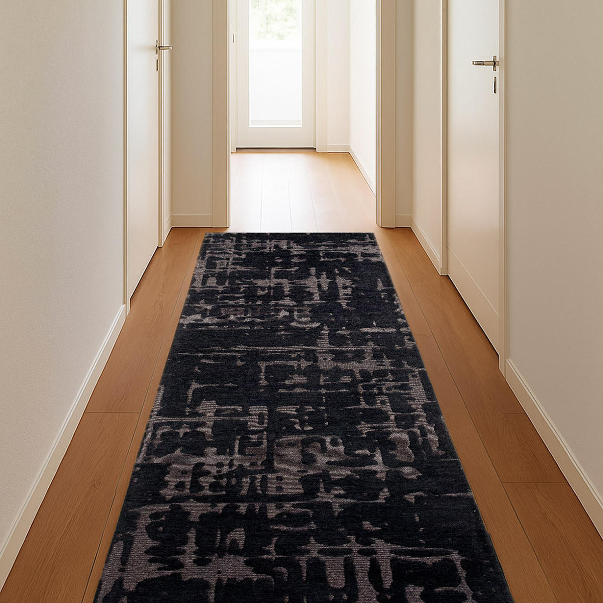 TEPPICH Black Water Structures Baobab 80/250 cm - Schwarz, Textil (80/250cm) - Louis De Poortere