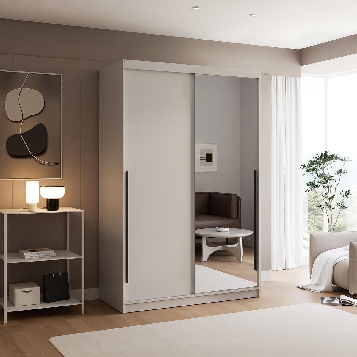 SCHIEBETÜRENSCHRANK SILENTE 140 cm mit Einlegeböden und Kleiderstange - Beige, Holzwerkstoff (140/205/60cm) - Idohome