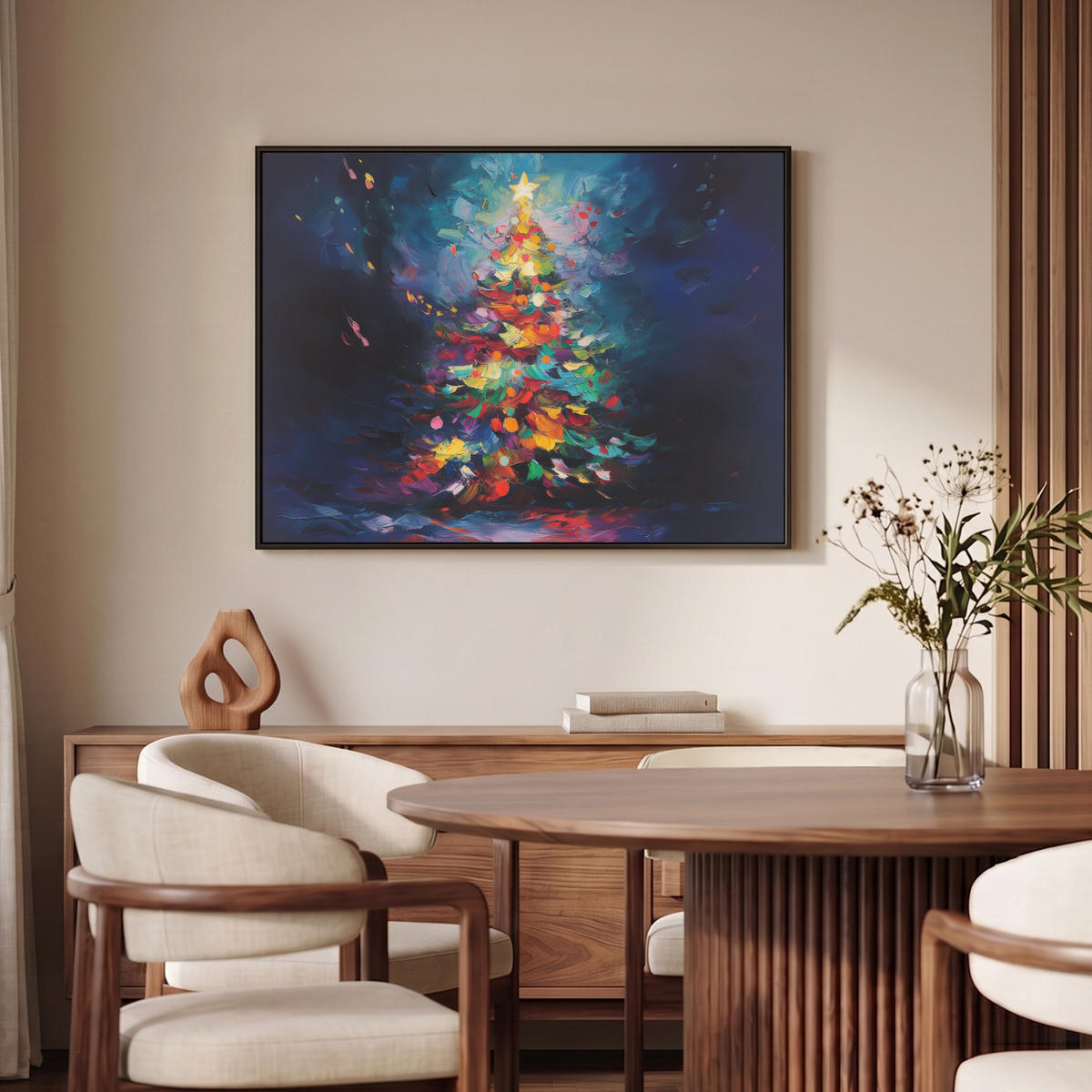 LEINWAND Bilder mit Rahmen - Weihnachtsbaum - Weihnachten - Abstrakt - Farbenfroh - 100x70 - Multicolor, Textil (100/70cm) - MuchoWow