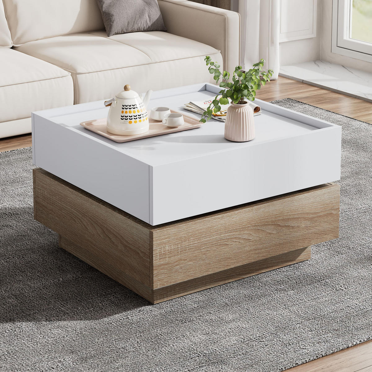 COUCHTISCH 360° drehbarer Kaffeetisch mit drehbarer Tischplatte & Schublade, erhöhte Kanten Holzoptik - Walnussfarben/Weiß, Holzwerkstoff (60/60/38cm) - EVRYAE