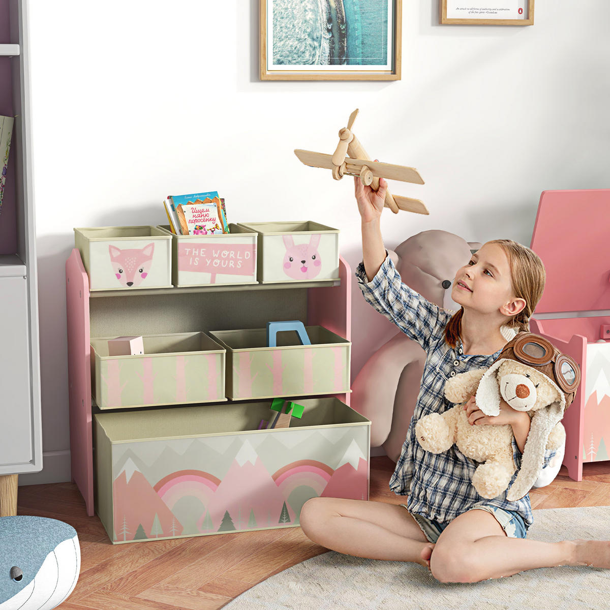 KINDERREGAL Spielzeugregal mit 6 herausnehmbaren Boxen aus Vliesstoff Rosa - Rosa, Holzwerkstoff (30/66/63cm) - ZONEKIZ