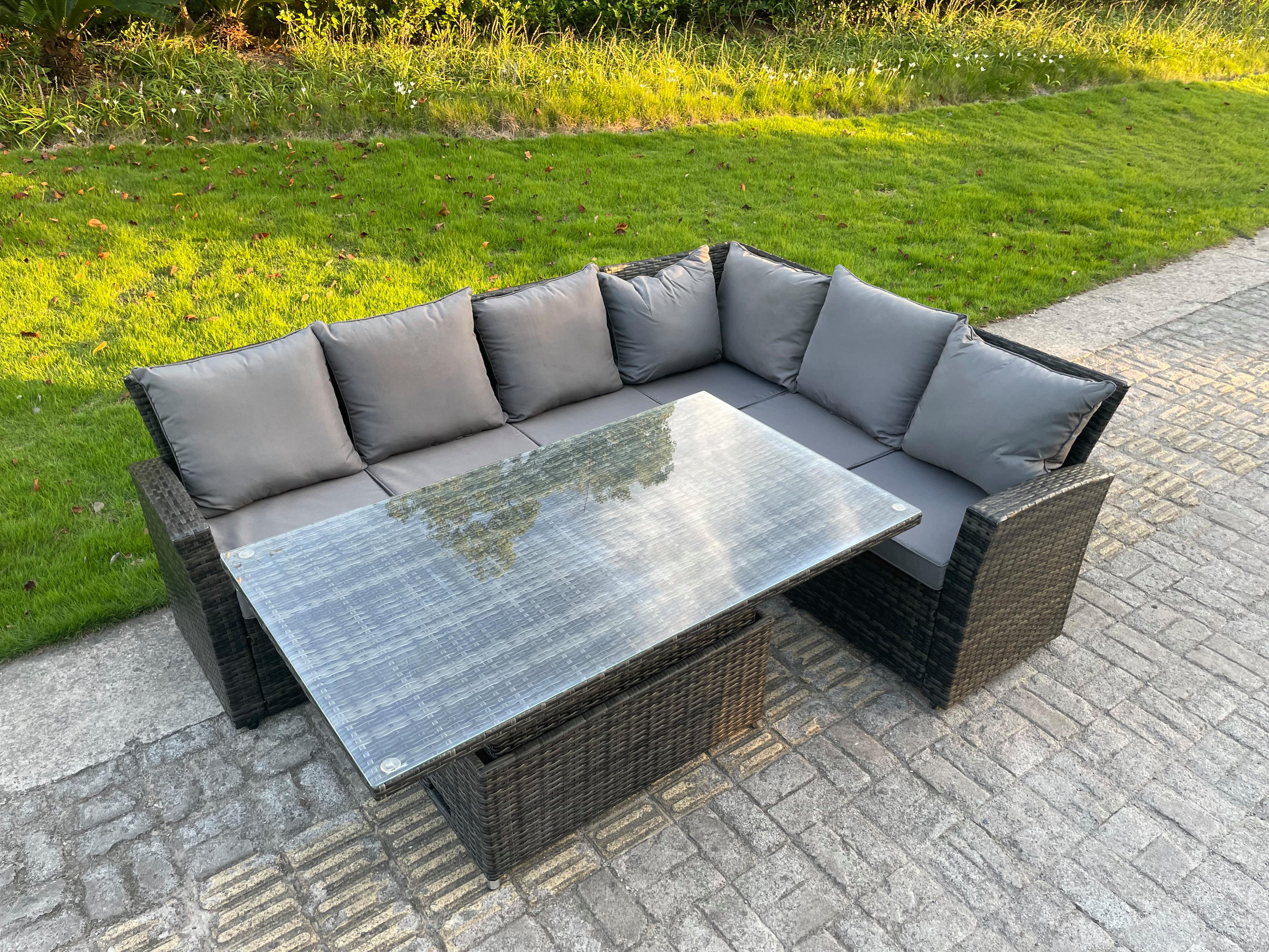 GARTENSOFA Hohe Rückenlehne Polyrattan 6-Sitzer - Dunkelgrau/Grau, Glas/Kunststoff - Fimous