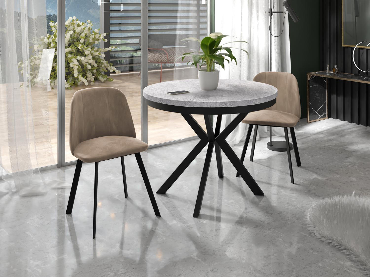 ESSTISCH Ross runder ausziehbarer, Grauer Beton 120-200/120/76 cm - Hellgrau/Schwarz, Holzwerkstoff/Metall (120/120/76cm) - WFL GROUP