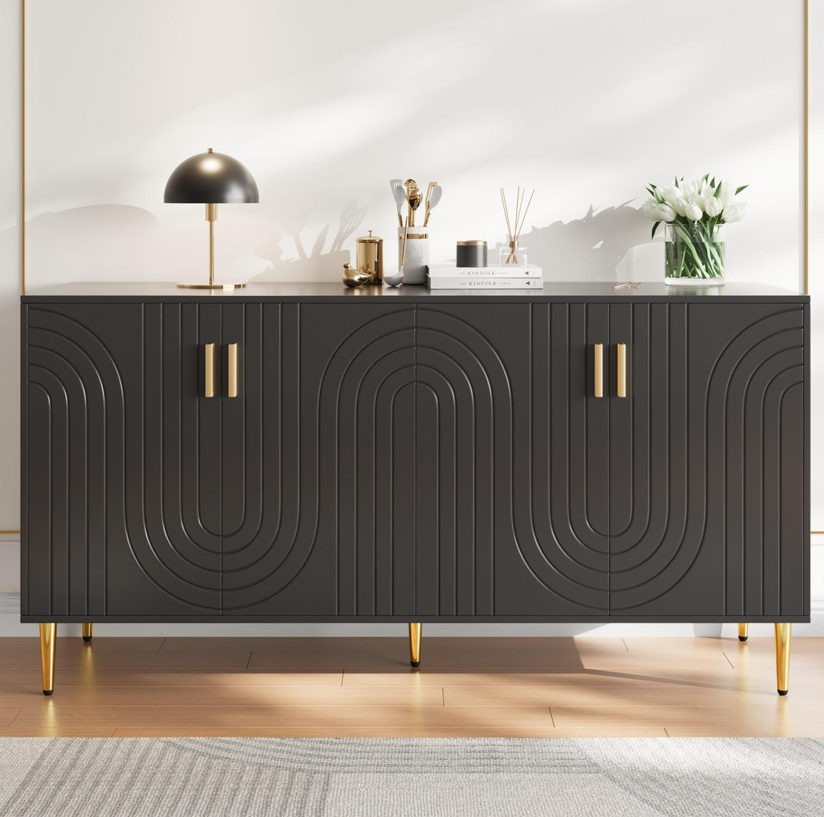 SIDEBOARD 152/40/75 cm in Schwarz mit 2 Türen & Wellendesign - Schwarz, Holzwerkstoff (152/75/40cm) - BEAOK