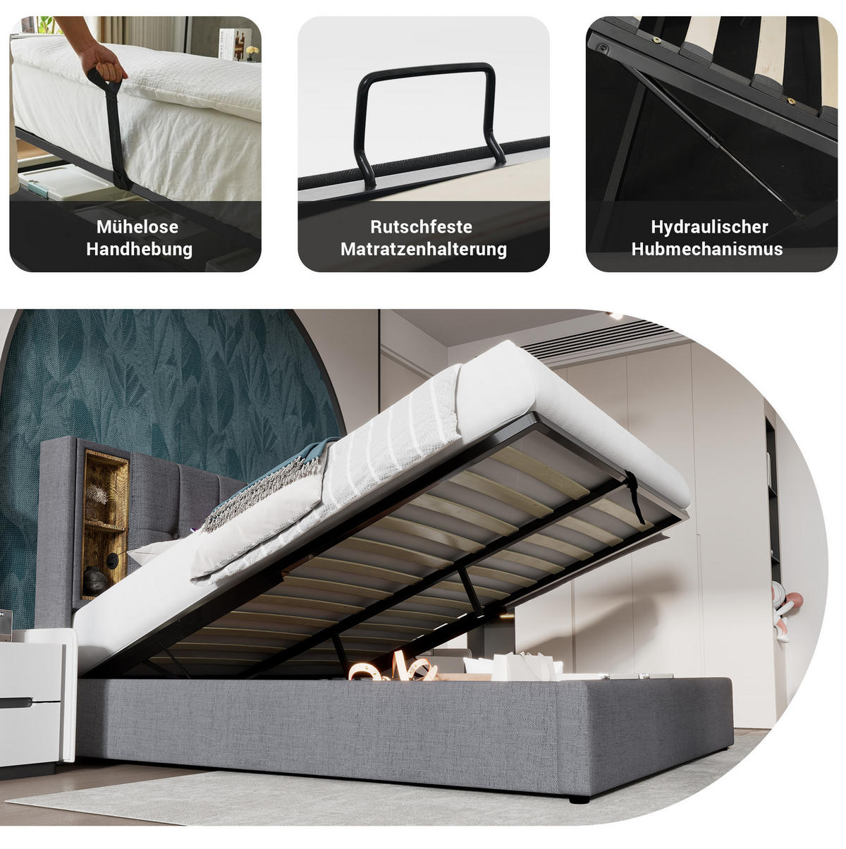 POLSTERBETT 140/200 cm mit kabellosem Laden, USB, Matratze, USB-C und Bettkasten, Baumwolle, Grau - Grau, Textil (140/200cm) - Redom