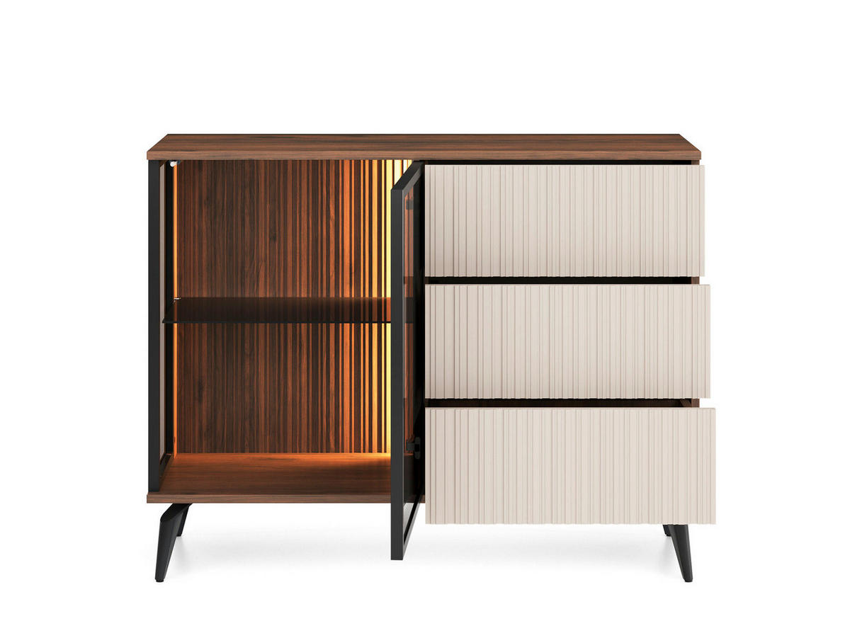 SIDEBOARD YUKO KSZ103 103 cm (Warmia Nussbaum, Kaschmir, Glas, 3 Schubladen, LED) - Kaschmir/Walnussfarben, Glas/Holz (103/80/39cm) - Ravio