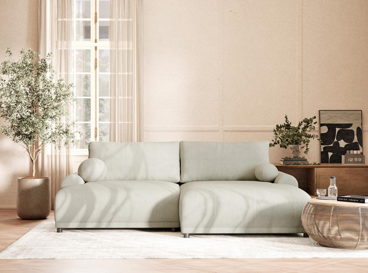 ECKSOFA MIT SCHLAFFUNKTION Tallin Creme Samtstoff - Hellgrau/Schwarz, Holz/Holzwerkstoff (240/145cm) - Maison de Reve
