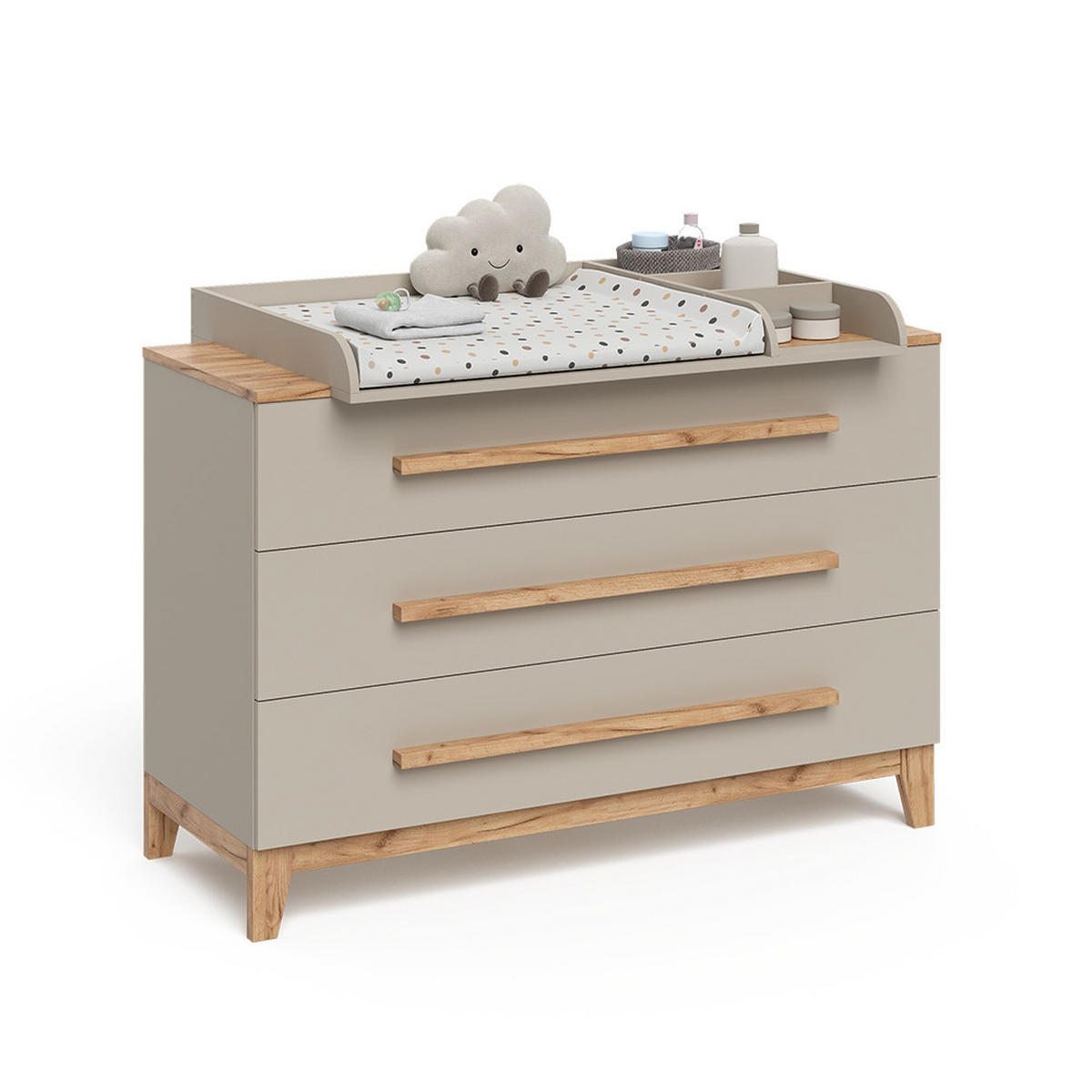 WICKELKOMMODE Malia Cashmere/Eiche 133.2 x 98 cm mit 3 Schubladen - Kaschmir/Hellgrau, Holzwerkstoff (133.2/98/70cm) - VitaliSpa