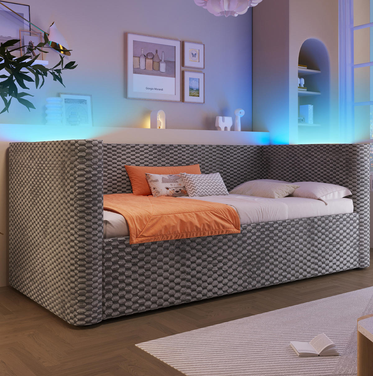 TAGESBETT aus Samt und MDF 90x200 cm Grau mit LED-Beleuchtung und hydraulischem Stauraum - Grau, Textil (90/200cm) - Modfu