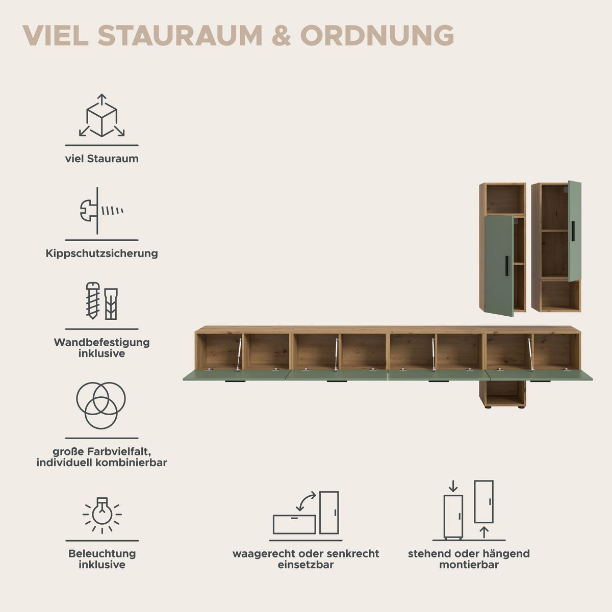 WOHNWAND inkl Beleuchtung Primo 6 tlg. (B/H/T: ca. 300/178/34 cm) in Artisan Oak /Smoke Green - Eiche Artisan, Holzwerkstoff (300/178/34cm)