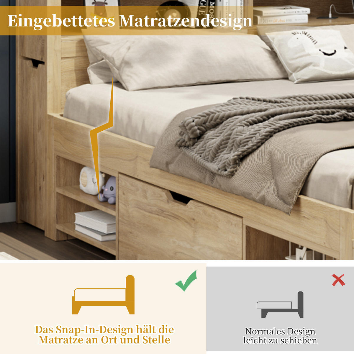 KINDERBETT 140x200 Stauraum Schubladen Regale Natur - Naturfarben, Holzwerkstoff (140/200cm) - FLIEKS