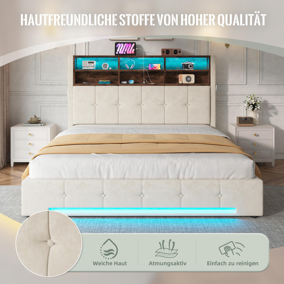 POLSTERBETT 160/200 cm in Beige mit 6 Fächern, Seitentaschen, USB-C, LED und Bettkasten aus Samt - Beige, Holzwerkstoff/Textil - STILVORA