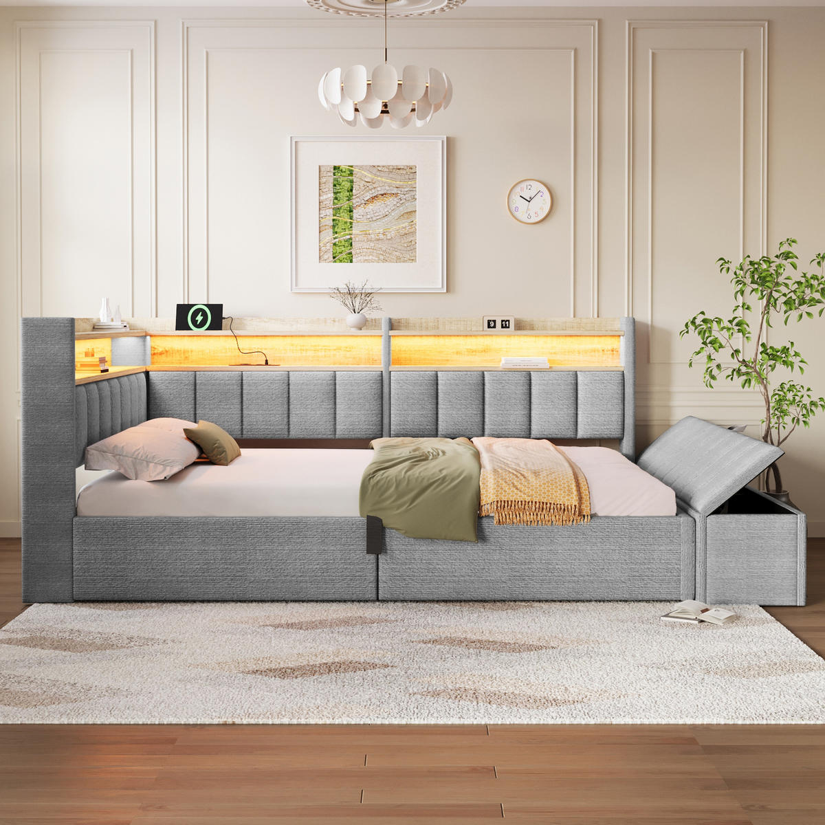TAGESBETT 140 x 200 cm, Grau, Samt, LED, USB - Grau, Textil (140/200cm) - FLIEKS