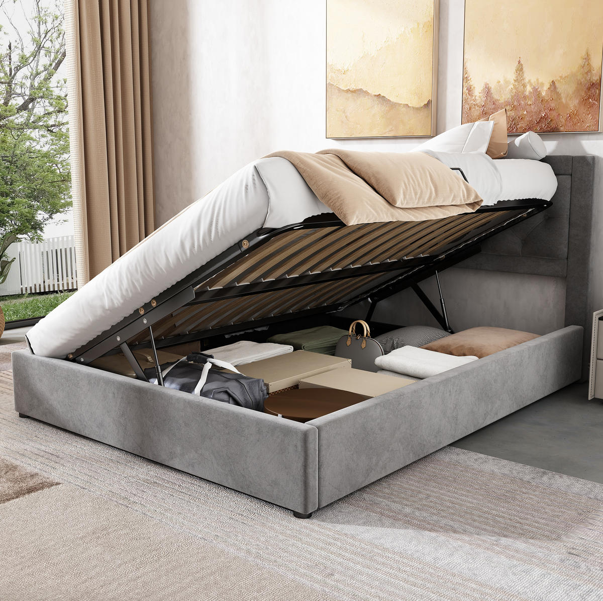 POLSTERBETT 140/200 cm Grau Stauraumbett im Chesterfield-Stil mit abhebbaren Bettkästen - Grau, Metall (140/200cm) - OKWISH