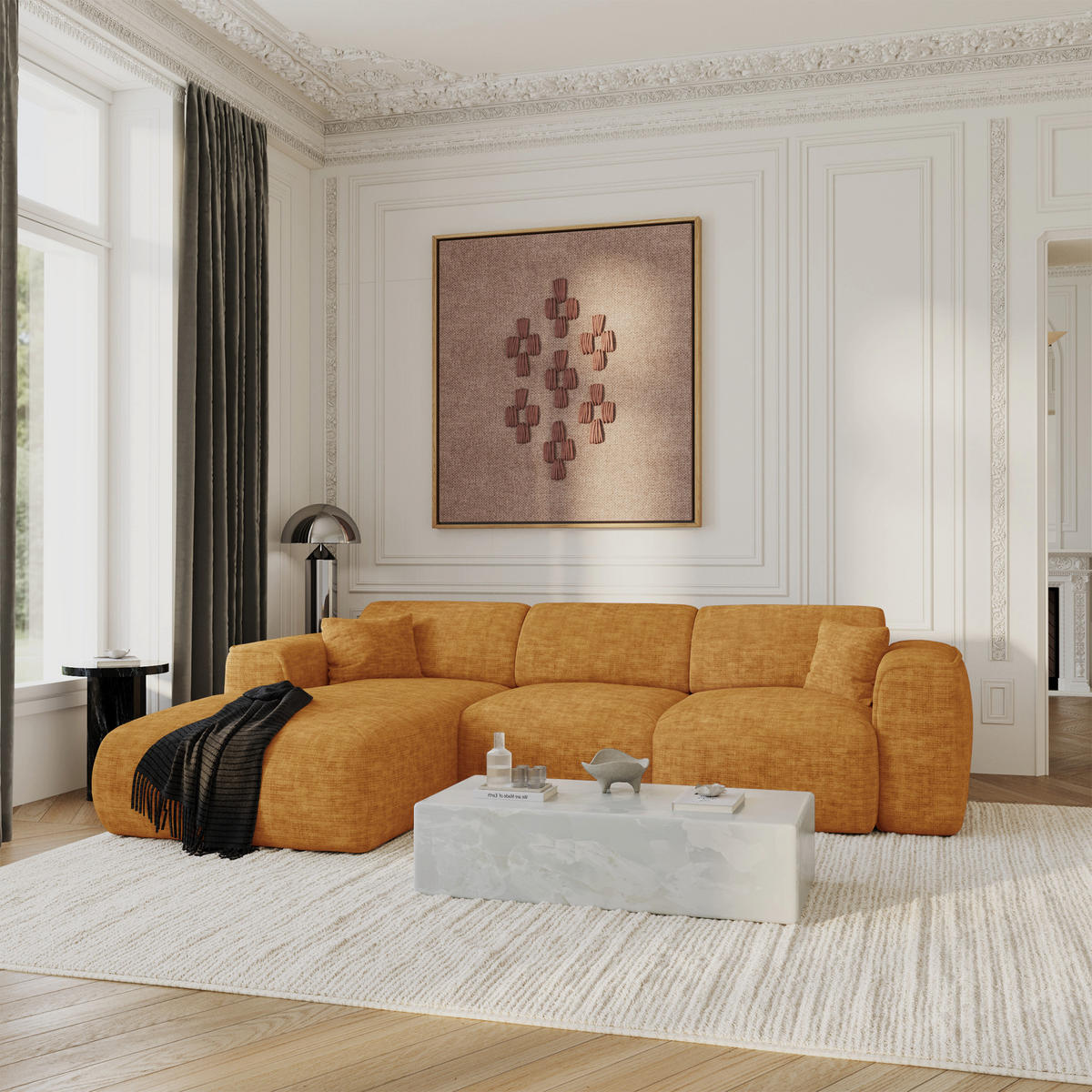 ECK-SCHLAFSOFA (links) YUMA Strukturierter Samt Senf 283cm - Gelb/Dunkelgelb, Textil (283/180cm) - Sia Home