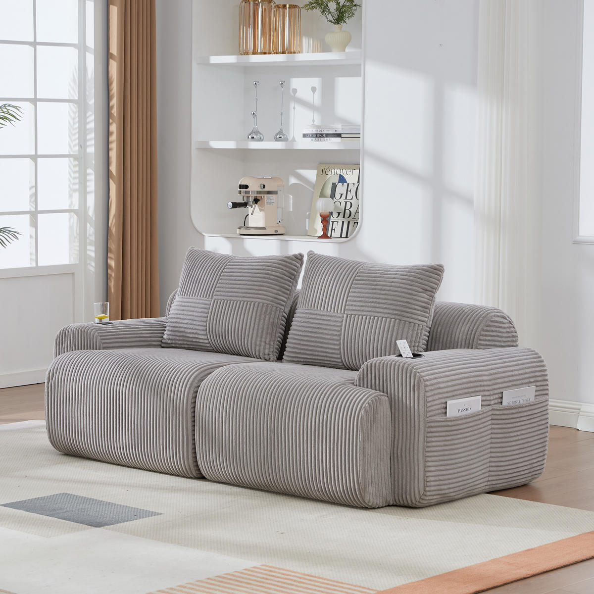 2-SITZER-SOFA aus Cord 200x99x80 cm mit Cupholder & Seitentasche, hellgrau - Hellgrau, Textil (99/80/200cm)