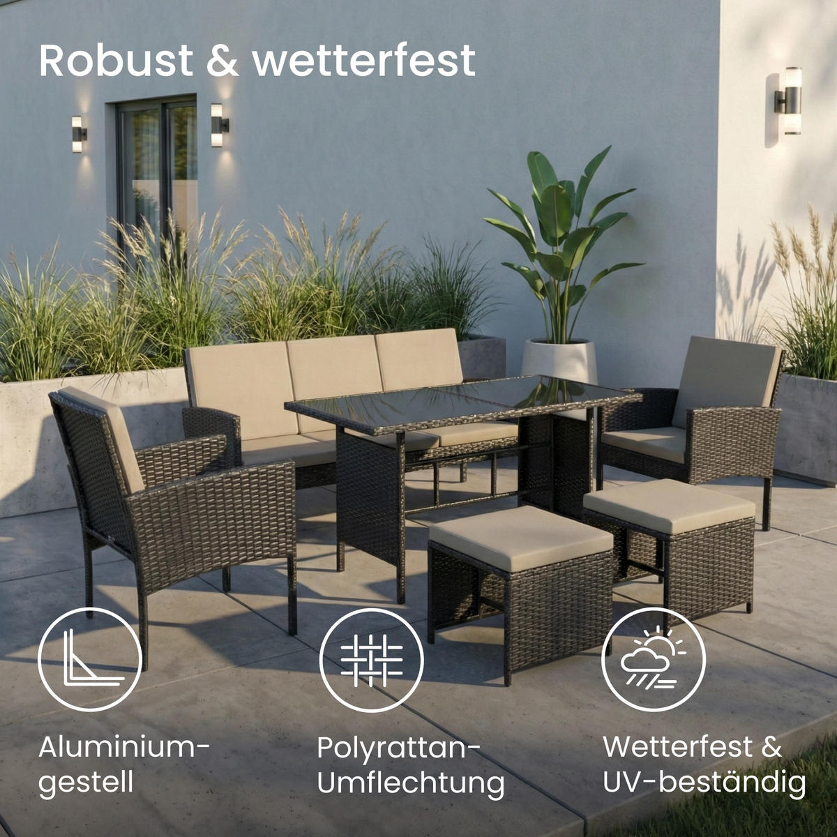 GARTENMÖBEL-SET mit 3-Sitzer Sofa, 2 Stühle, 2 Hocker mit graue Kissen - Grau, Metall - Home Collective