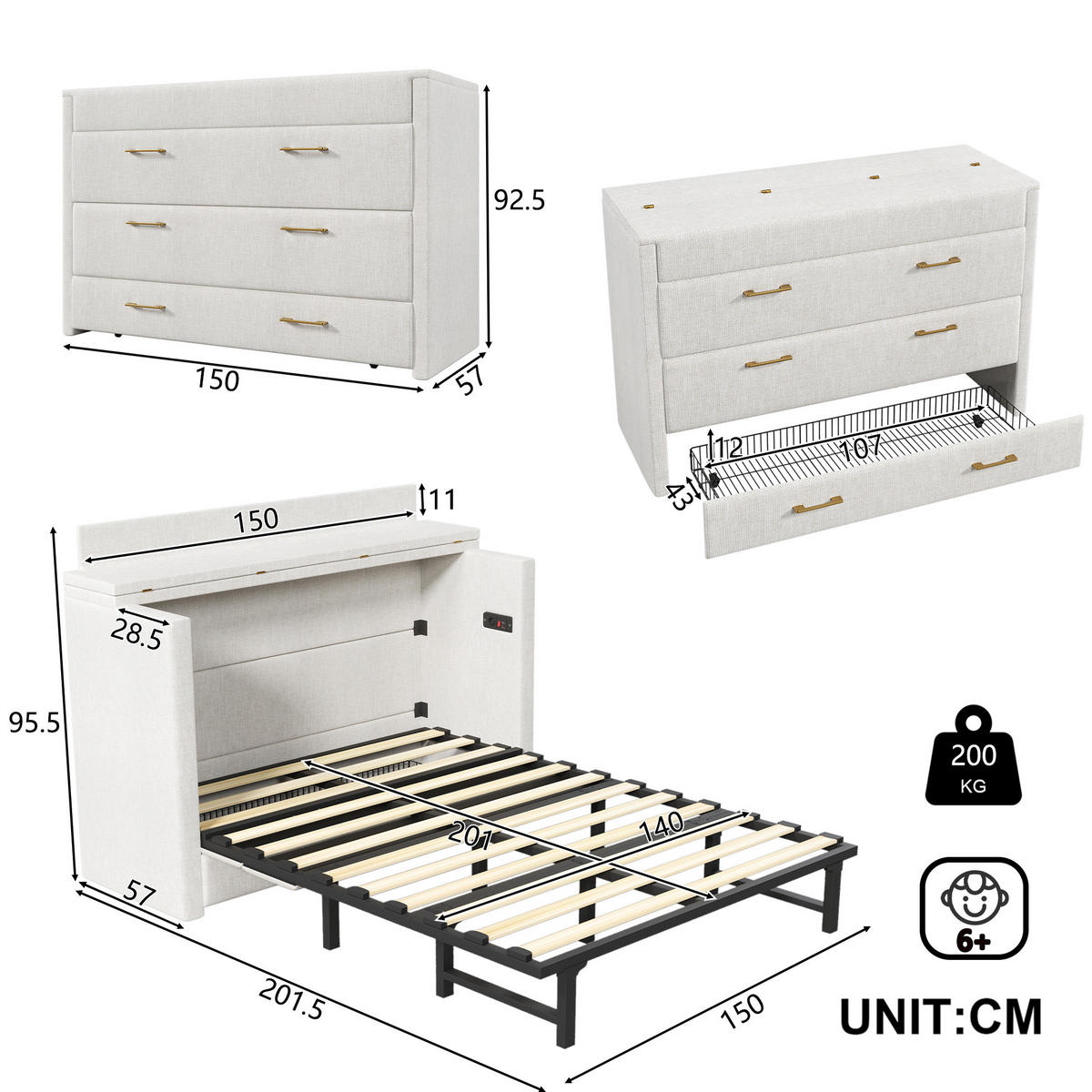 BETT 140/200 cm in Beige mit Schublade und USB- und Type-C-Anschlüssen - Beige, Textil (140/200cm) - Flora Grace
