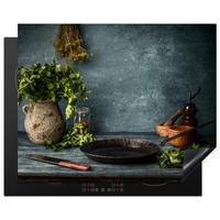 HERABDECKPLATTE - Kräuter - Gewürze - Pfanne - Messer - Grau - Rustikal - 65x55 - Petrol, Kunststoff (65/55/0.2cm) - MuchoWow
