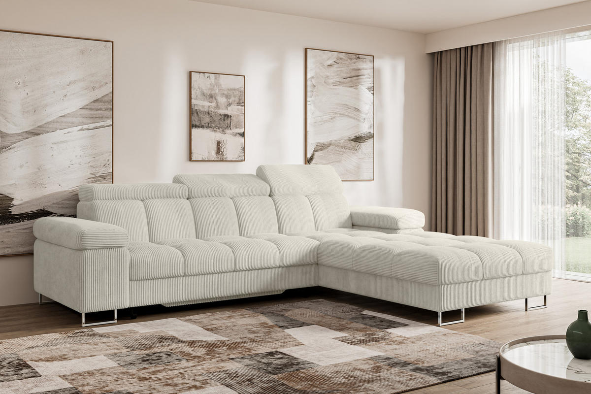 ECKSOFA mit Schlaffunktion Ottomane Rechts COMA L 271x203x79 Creme Cord - Mokka, Holzwerkstoff/Textil (203/271cm) - ALTDECOR