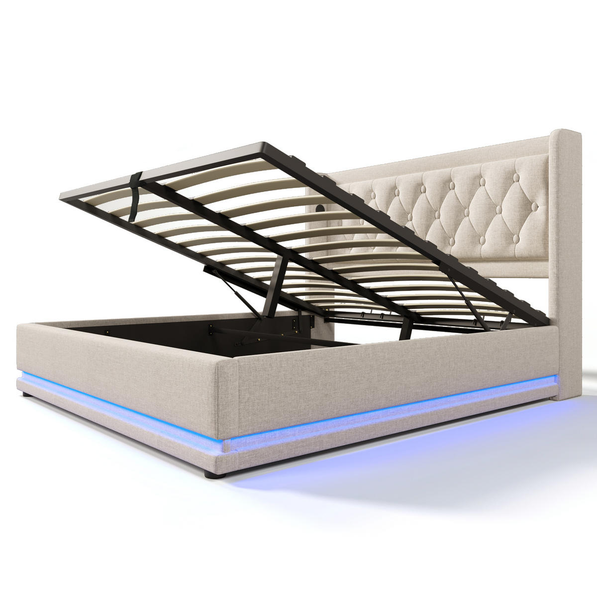 POLSTERBETT 160/200 cm Beige Baumwolle mit USB- und Type-C-Anschlüssen und 3-seitiger LED-Beleuchtung - Beige, Textil (160/200cm) - OKWISH