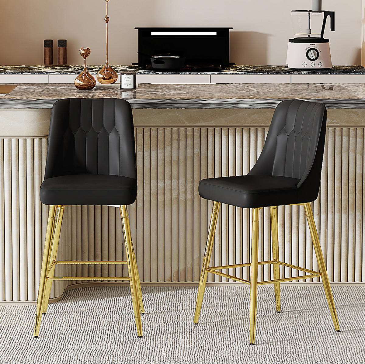 BARHOCKER 2er-Set 100 cm PU-Leder Schwarz mit Metallgestell Goldfarben - Goldfarben, Metall (45/100/42cm) - Meubliv