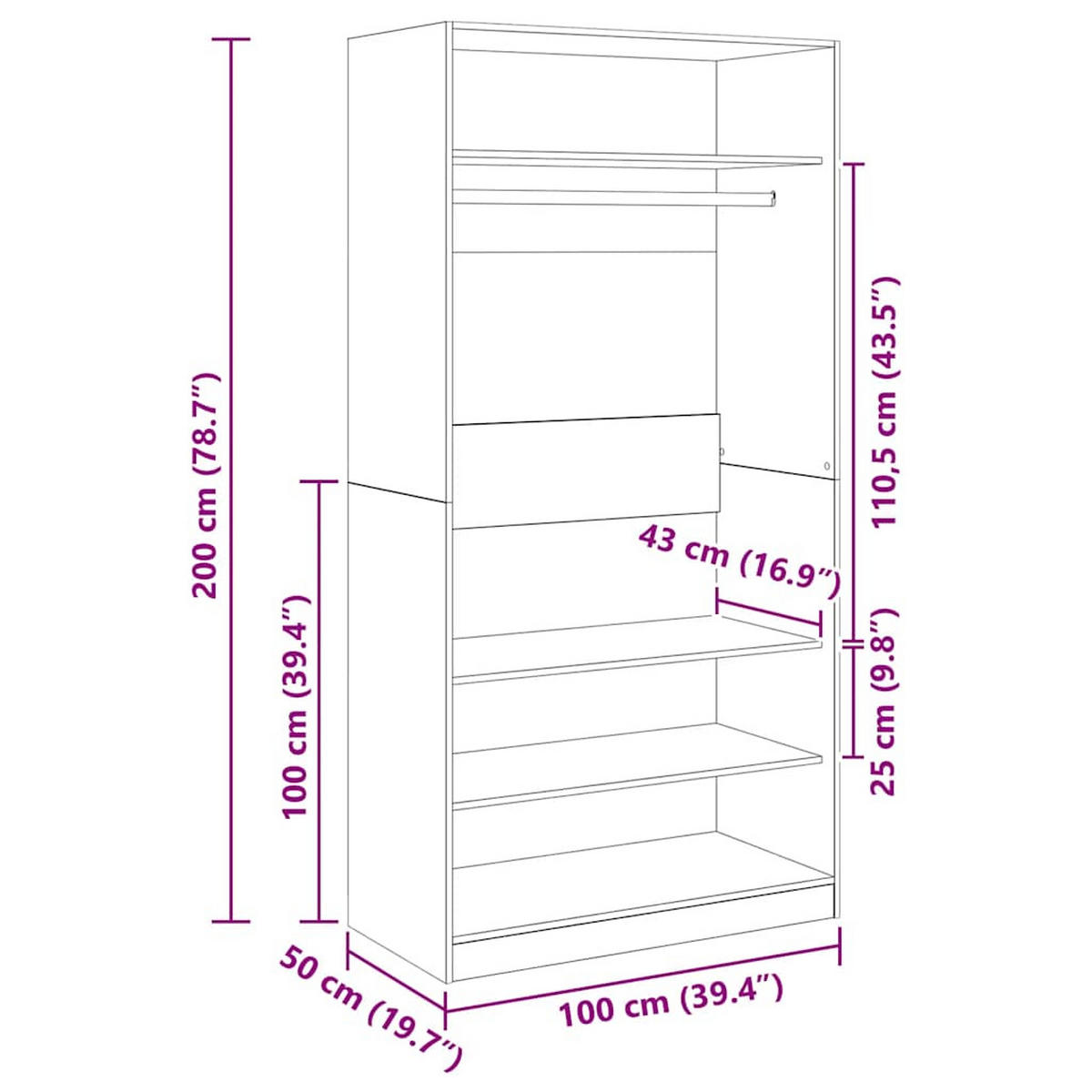 KLEIDERSCHRANK SONOMA-EICHE 100X50X200 CM HOLZWERKSTOFF - Sonoma Eiche, Holz (50/200/100cm) - vidaXL