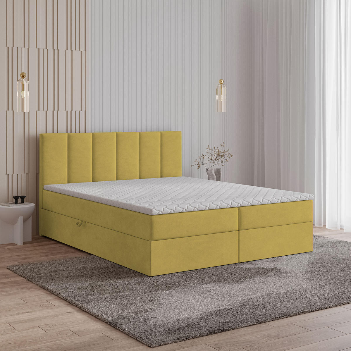 BOXBETT MERIL 140x200 cm mit Matratze und Topper - Gelb - Gelb, Holz (140/200cm) - MASSENO
