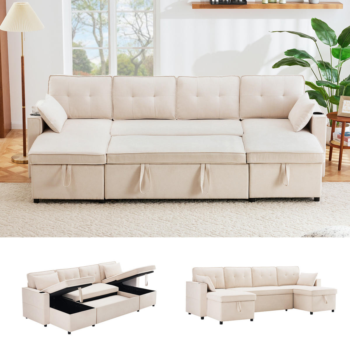 ECKSOFA U-Form Bettfunktion Baumwoll-Leinen Getränkehalter Stauraum Beige - Beige, Holz (123.01/19.71/65.51cm) - FLIEKS