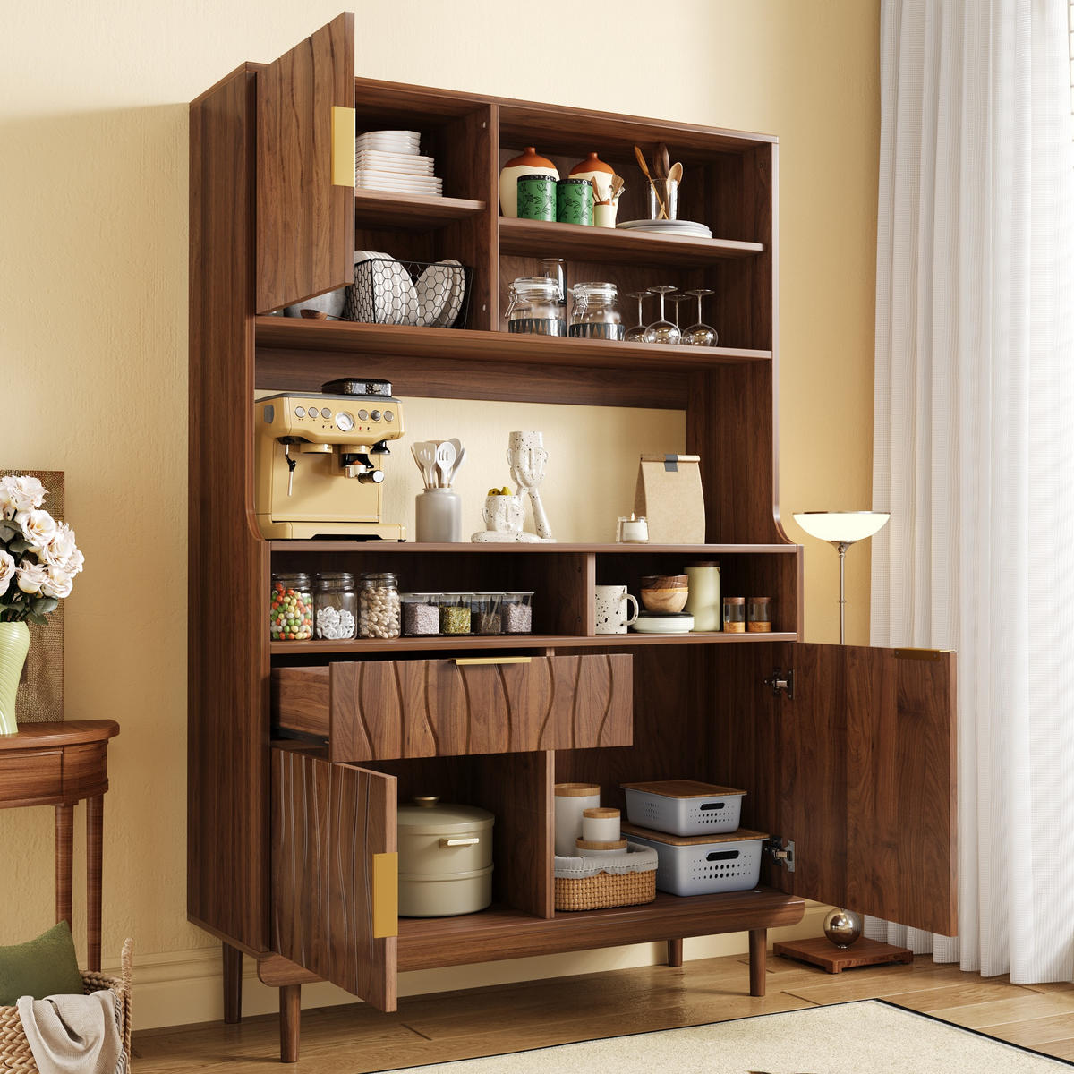 KÜCHENSCHRANK mit Türen, Schublade und offenen Regalen - Walnussfarben, Holzwerkstoff (100/170/32cm) - FLIEKS