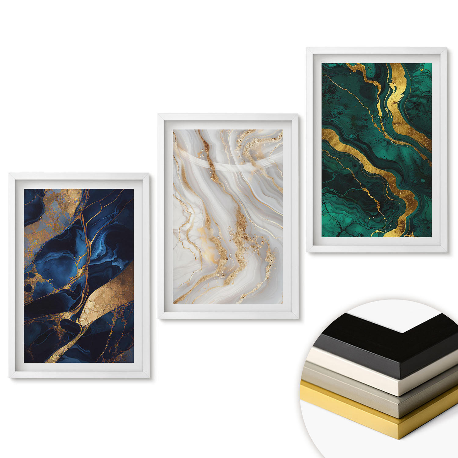 WANDBILDER 3er-Set - 40x60 cm Weißer Rahmen - Abstrakte blaugrüne Muster - Weiß, Kunststoff (40/60cm) - ArtPrintCave
