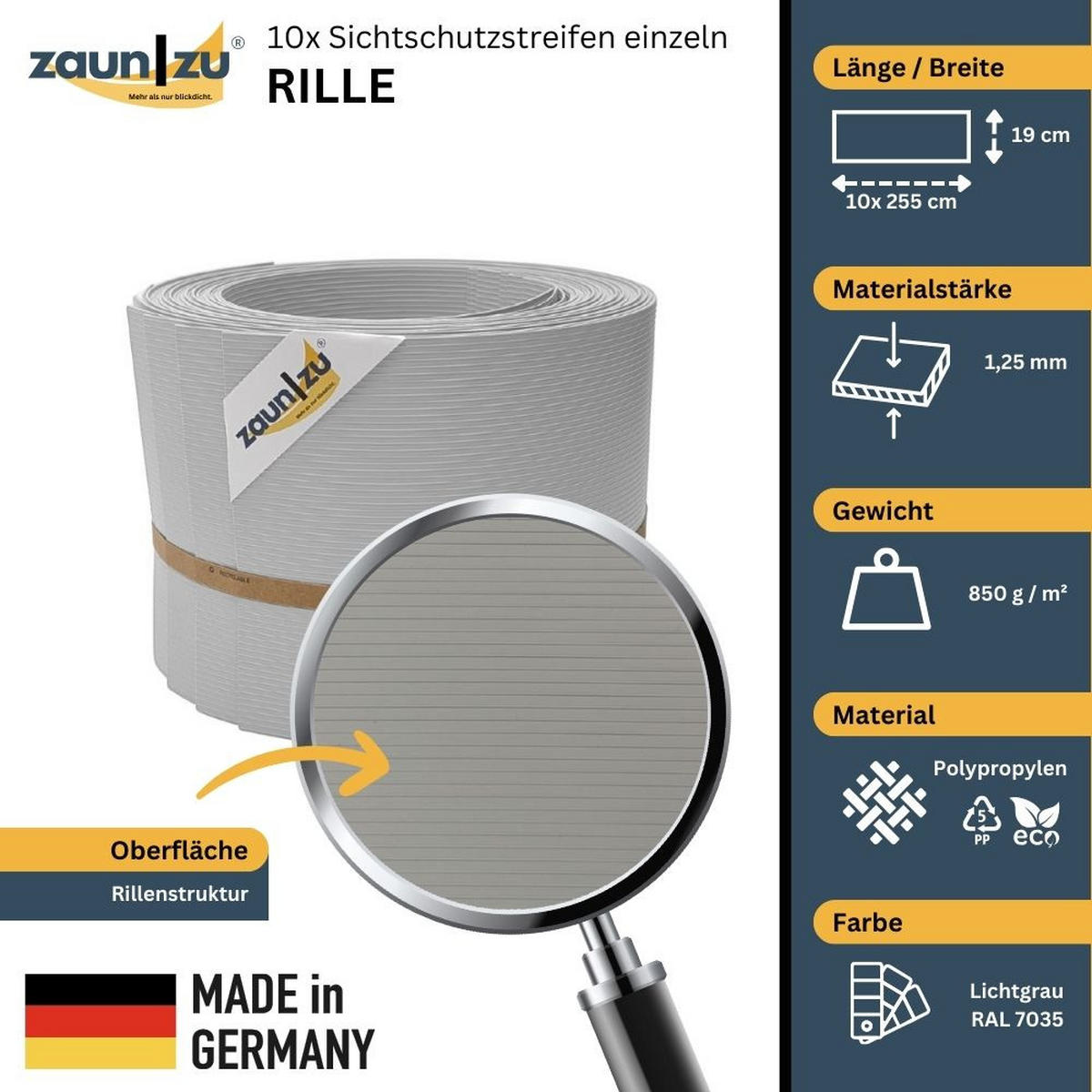 SICHTSCHUTZSTREIFEN Rille 10x Einzelstreifen 2,55m Sichtschutz Lichtgrau, 10 x 2,55m - Hellgrau, Kunststoff (2550/19cm) - ZAUN|ZU