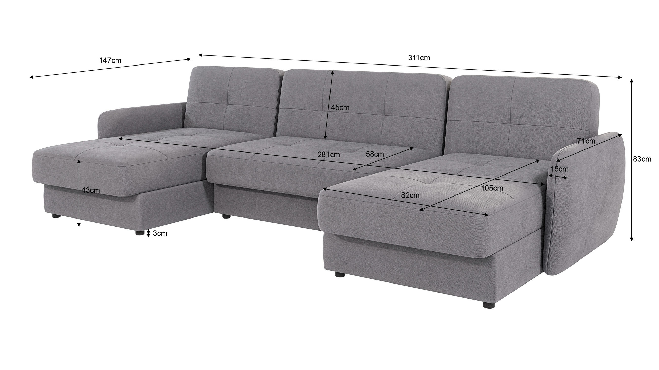 Thumbnail - S-Style Möbel Wohnlandschaft, Grau, Textil, Echtholz,Buche, Birke, 5-Sitzer, Füllung: Schaumstoff, Eckteil, U-Form, 311x...