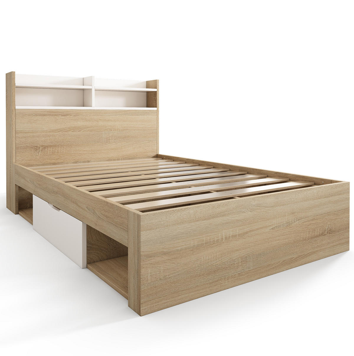 BETT 90/200 cm mit Kopfteil, Stauraum und Lattenrost in Weiß/Eiche - Weiß, Holzwerkstoff (90/200cm) - BEAOK