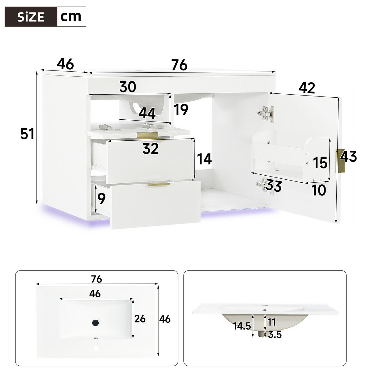 WASCHTISCHUNTERSCHRANK 76cm LED App Keramik Waschbecken Weiß - Weiß, Holzwerkstoff (76/51/46cm) - FLIEKS