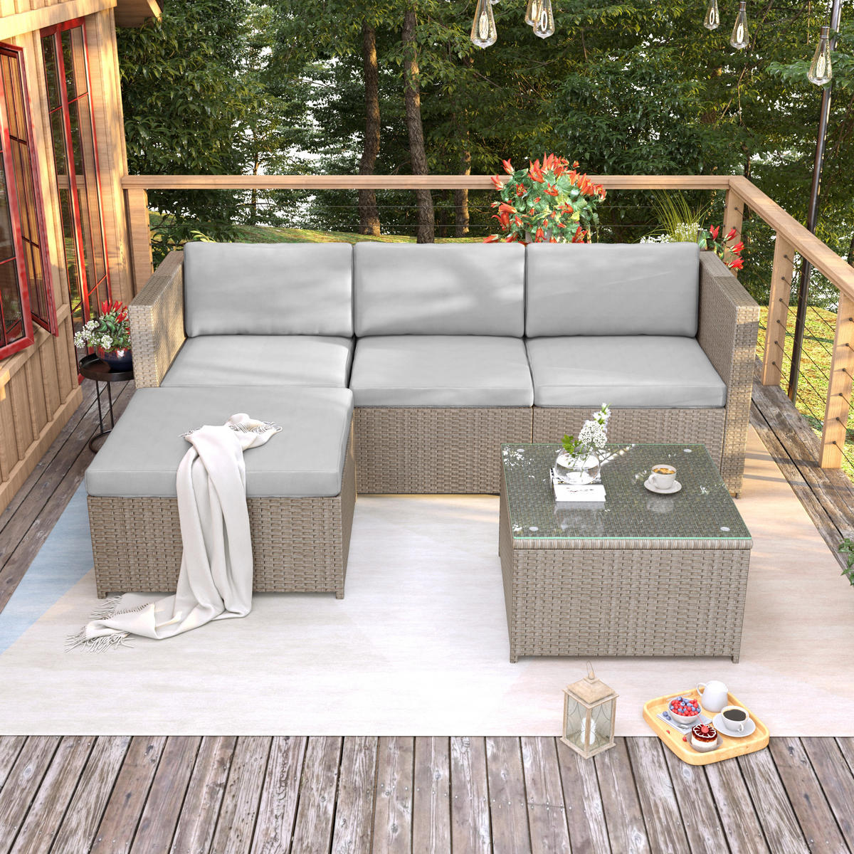 LOUNGESET Khaki Poly Rattan Mit Sitzkissen & Glastisch - Hellbraun, Metall - FLIEKS