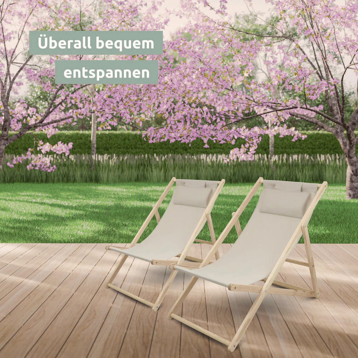 SONNENLIEGE Holz klappbar FRIEDA 2er Set Liegestuhl Creme - Creme, Holz (59/80/90cm) - DELUKE