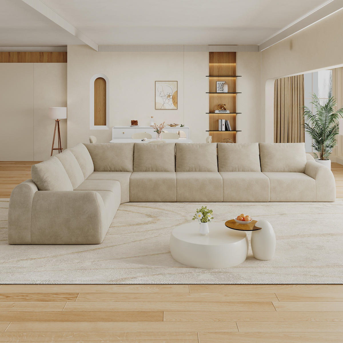 ECKSOFA 401/267/85 cm Khaki Chenille, 7-Sitzer - Sandfarben/Graubraun, Textil (401/267cm) - Oxeza