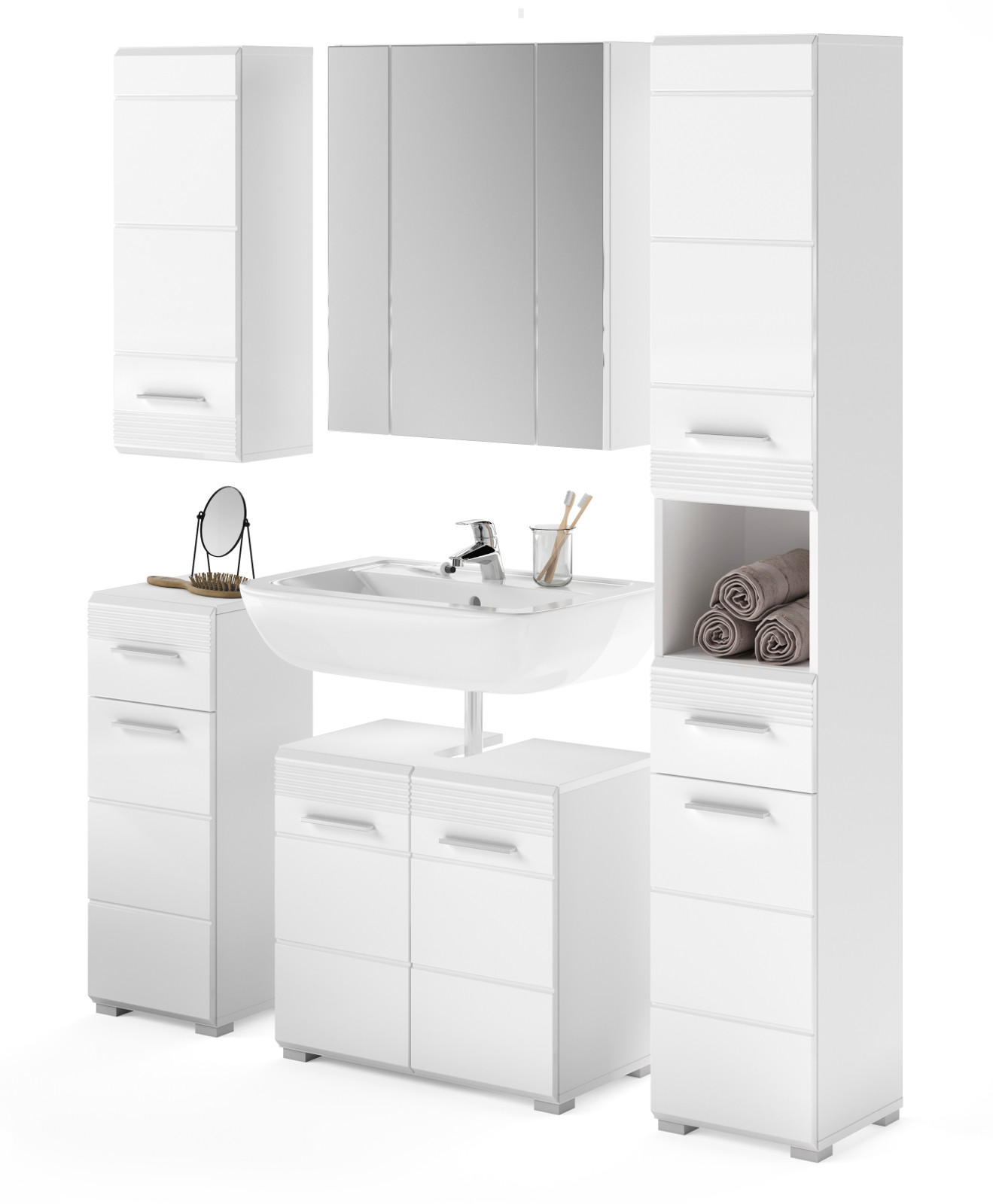 BADMÖBEL-SET weiß Hochglanz 5-teilig 150 cm, Badkombination mit Spiegelschrank - Weiß Hochglanz, Glas/Holzwerkstoff (150/182/34cm) - Inn.Furn
