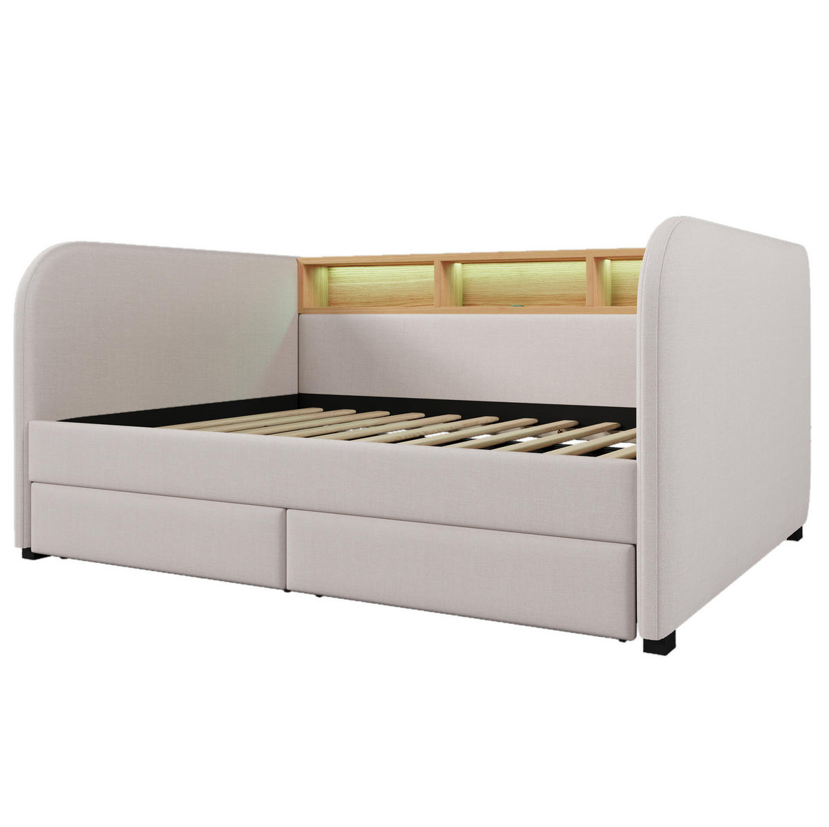TAPECIRANI krevet 140/190 cm s LED osvjetljenjem, USB i Type-C priključcima te 2 ladice, Svijetlobež - bež, tekstil (140/190cm) - Redom